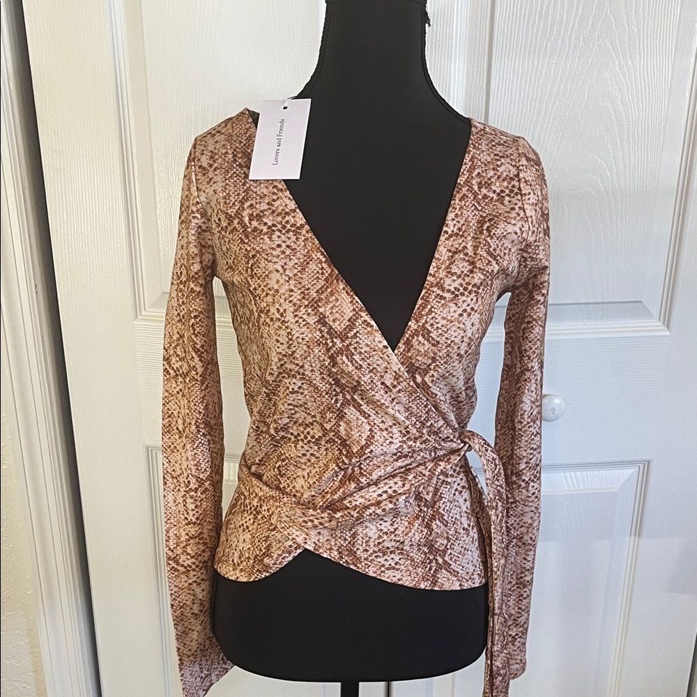 Lovers + Friends Brown Faux Snakeskin Wrap Blouse 100% Cotton Extra Small NWT